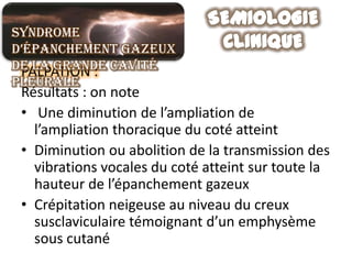 Syndrome
d’épanchement gazeux
de la grande cavité
 PALPATION :
pleurale
 Résultats : on note
 • Une diminution de l’ampliation de
   l’ampliation thoracique du coté atteint
 • Diminution ou abolition de la transmission des
   vibrations vocales du coté atteint sur toute la
   hauteur de l’épanchement gazeux
 • Crépitation neigeuse au niveau du creux
   susclaviculaire témoignant d’un emphysème
   sous cutané
 