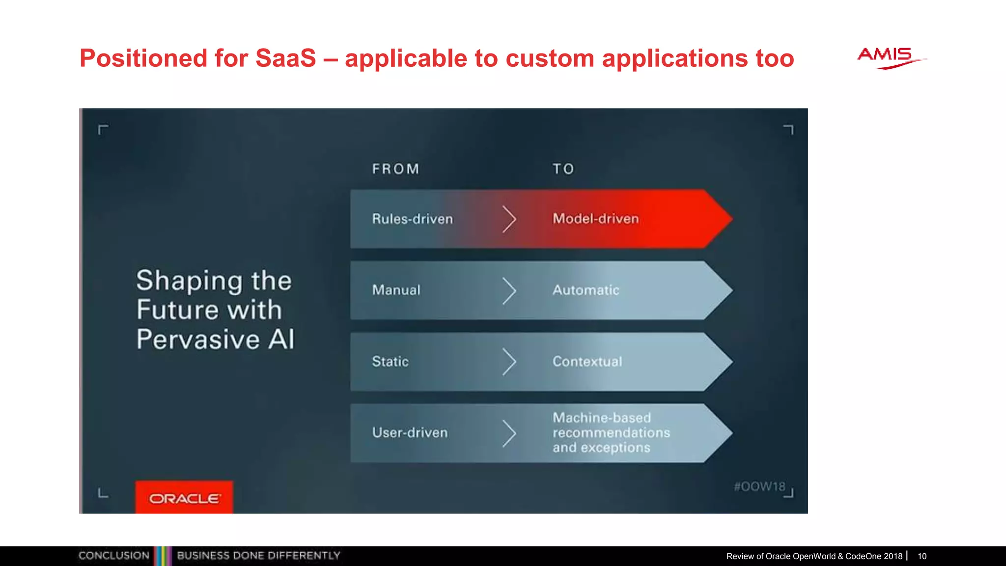 Positioned for SaaS – applicable to custom applications too
Review of Oracle OpenWorld & CodeOne 2018 10
 