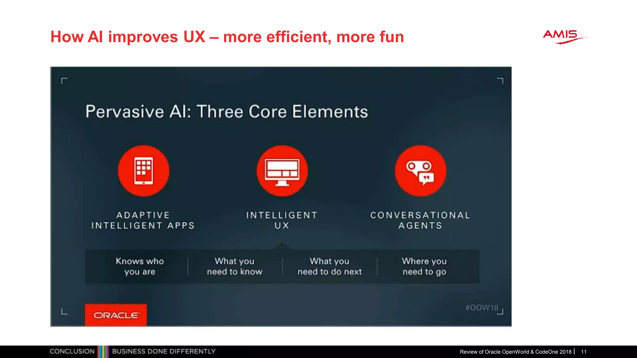 How AI improves UX – more efficient, more fun
Review of Oracle OpenWorld & CodeOne 2018 11
 