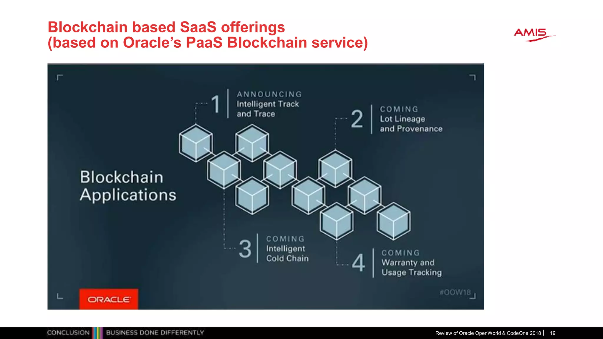 Blockchain based SaaS offerings
(based on Oracle’s PaaS Blockchain service)
Review of Oracle OpenWorld & CodeOne 2018 19
 
