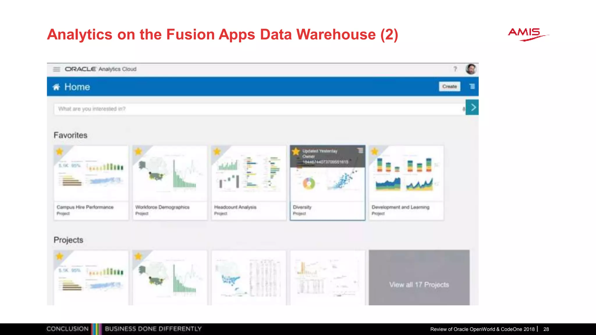 Analytics on the Fusion Apps Data Warehouse (2)
Review of Oracle OpenWorld & CodeOne 2018 28
 