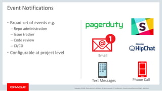 Copyright © 2018, Oracle and/or its affiliates. All rights reserved. |
• Broad set of events e.g.
– Repo administration
– Issue tracker
– Code review
– CI/CD
• Configurable at project level
Confidential – Oracle Internal/Restricted/Highly Restricted
Event Notifications
Text Messages Phone Call
Email
 