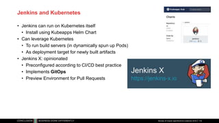 Jenkins and Kubernetes
• Jenkins can run on Kubernetes itself
• Install using Kubeapps Helm Chart
• Can leverage Kubernetes
• To run build servers (in dynamically spun up Pods)
• As deployment target for newly built artifacts
• Jenkins X: opinionated
• Preconfigured according to CI/CD best practice
• Implements GitOps
• Preview Environment for Pull Requests
Review of Oracle OpenWorld & CodeOne 2018 116
 