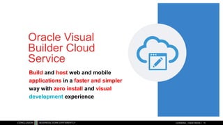 Oracle Visual
Builder Cloud
Service
Build and host web and mobile
applications in a faster and simpler
way with zero install and visual
development experience
12Confidential – Oracle Internal
 