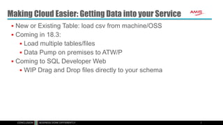 Making Cloud Easier: Getting Data into your Service
 New or Existing Table: load csv from machine/OSS
 Coming in 18.3:
 Load multiple tables/files
 Data Pump on premises to ATW/P
 Coming to SQL Developer Web
 WIP Drag and Drop files directly to your schema
 