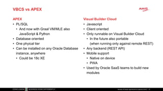 Review of Oracle OpenWorld & CodeOne 2018 57
VBCS vs APEX
• PL/SQL
• And now with Graal VM/MLE also
JavaScript & Python
• Database oriented
• One phyical tier
• Can be installed on any Oracle Database
instance, anywhere
• Could be 18c XE
APEX
• Javascript
• Client oriented
• Only runnable on Visual Builder Cloud
• In the future also portable
(when running only against remote REST)
• Any backend (REST API)
• Mobile support
• Native on device
• PWA
• Used by Oracle SaaS teams to build new
modules
Visual Builder Cloud
 