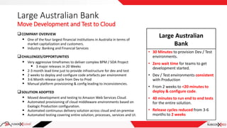 Large Australian Bank
Move Development and Test to Cloud
COMPANY OVERVIEW
 One of the four largest financial institutions in Australia in terms of
market capitalization and customers.
 Industry: Banking and Financial Services
CHALLENGES/OPPORTUNITIES
 Very aggressive timeframes to deliver complex BPM / SOA Project
 3 major releases in 20 Weeks
 2-3 month lead time just to provide infrastructure for dev and test
 2 weeks to deploy and configure code artefacts per environment
 3-6 Month release cycle from Dev to Prod
 Manual platform provisioning & config leading to inconsistencies.
SOLUTION ADOPTED
 Moved development and testing to Amazon Web Services Cloud.
 Automated provisioning of cloud middleware environments based on
Exalogic Production configuration.
 Automated continuous delivery solution across cloud and on-premise
 Automated testing covering entire solution; processes, services and UI.
17
Large Australian
Bank
• 30 Minutes to provision Dev / Test
environments.
• Zero wait time for teams to get
development started.
• Dev / Test environments consistent
with Production
• From 2 weeks to <20 minutes to
deploy & configure code.
• 40 minutes to run end to end tests
for the entire solution.
• Release cycles reduced from 3-6
months to 2 weeks
 