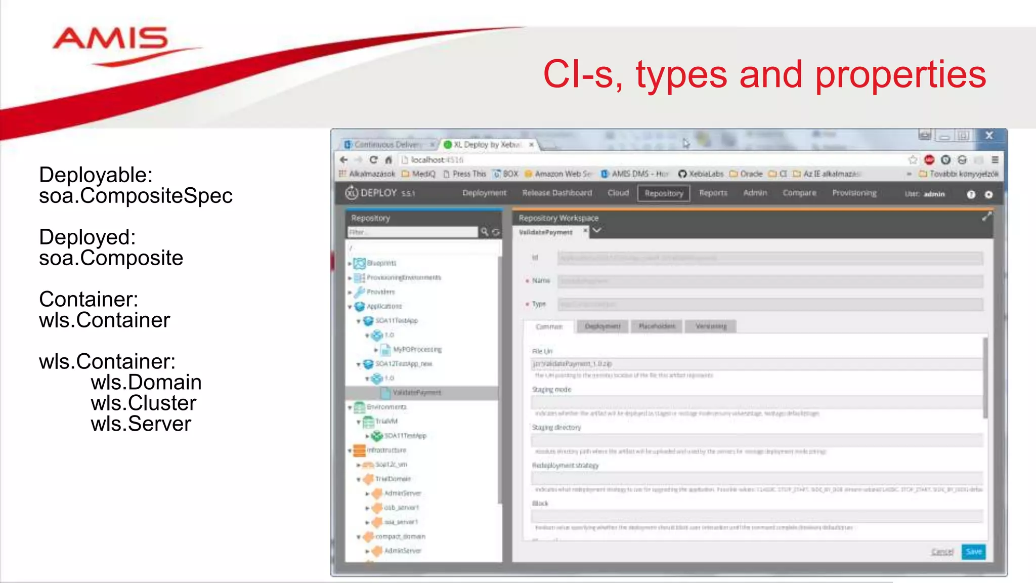 CI-s, types and properties
Deployable:
soa.CompositeSpec
Deployed:
soa.Composite
Container:
wls.Container
wls.Container:
wls.Domain
wls.Cluster
wls.Server
 