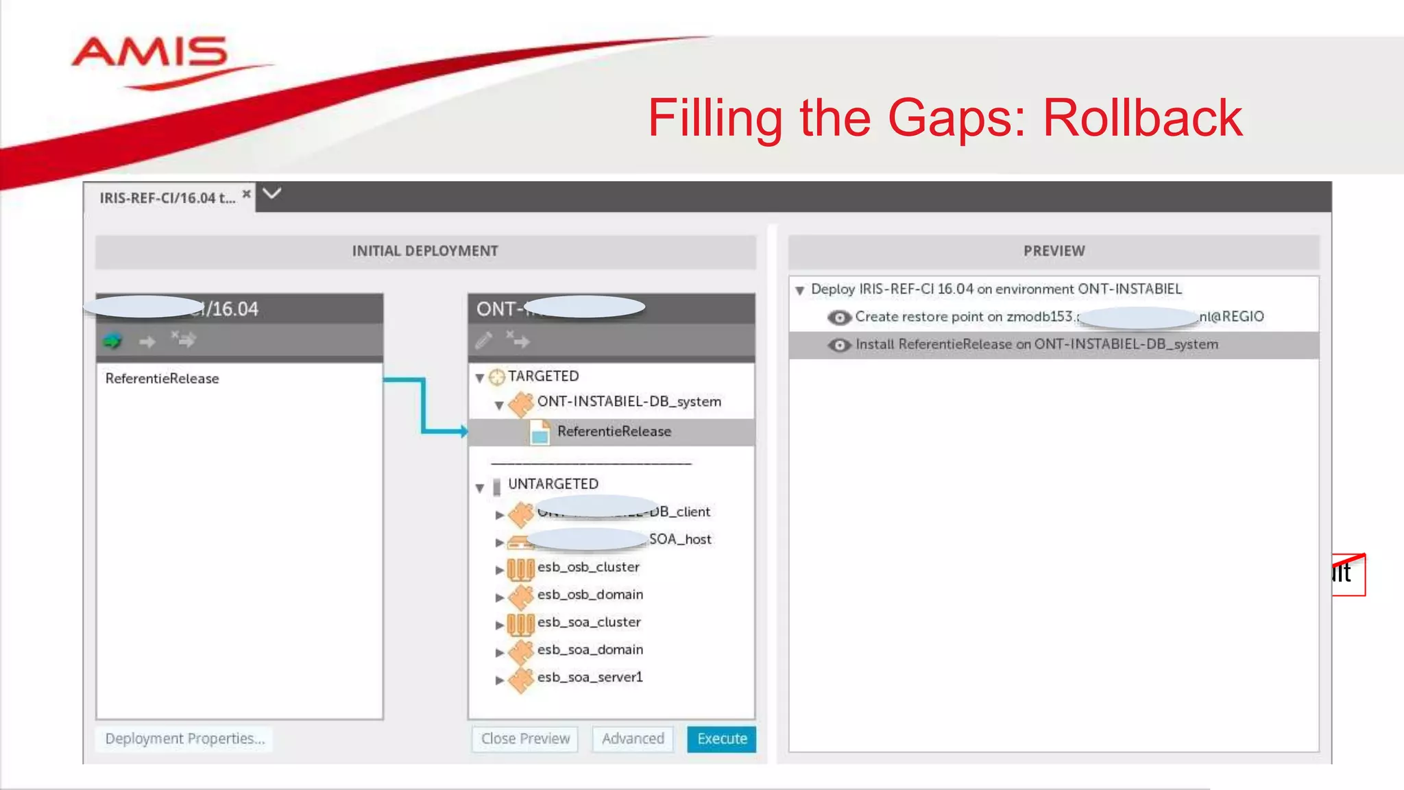 Filling the Gaps: Rollback
CREATE
File
Folder
Ear
War
Package
DESTROY
File
Folder
Ear
War
DDL
Package
CREATE
SOA
BPM
Package
MODIFY
1.1-1.2
MODIFY
1.2-1.1
DESTROY
Default
 