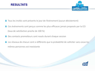 RESULTATS




Tous les invités sont présents le jour de l’événement (aucun désistement)

Ces événements sont perçus comme les plus efficaces jamais proposés par la CCI
(taux de satisfaction proche de 100 %)

Des contacts prometteurs sont noués durant chaque session

Les réseaux de chacun sont si différents que la probabilité de solliciter sans cesse les
mêmes personnes est inexistante
 