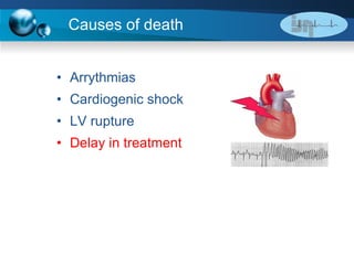 Causes of death Arrythmias Cardiogenic shock LV rupture Delay in treatment 