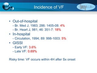 Incidence of VF Out-of-hospital - Br. Med J, 1983; 286: 1405-08:  4% - Br. Heart J, 981; 46: 351-7:  18% In-hospital - Circulation, 1994; 89: 998-1003:  5% GISSI  - Early VF:  3.6% - Late VF:  0.69% Risky time: VF occurs within 4H after Sx onset 
