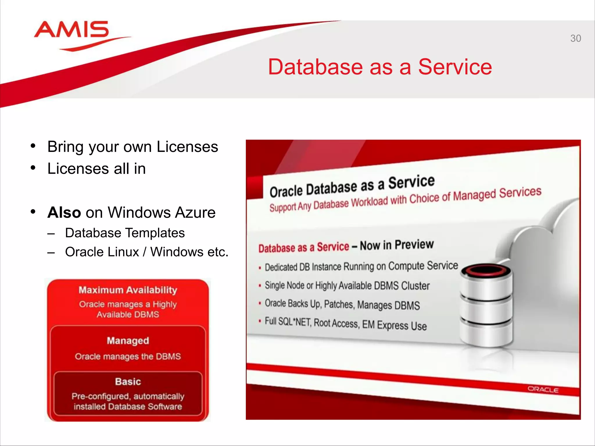 30
Database as a Service
• Bring your own Licenses
• Licenses all in
• Also on Windows Azure
– Database Templates
– Oracle Linux / Windows etc.
 