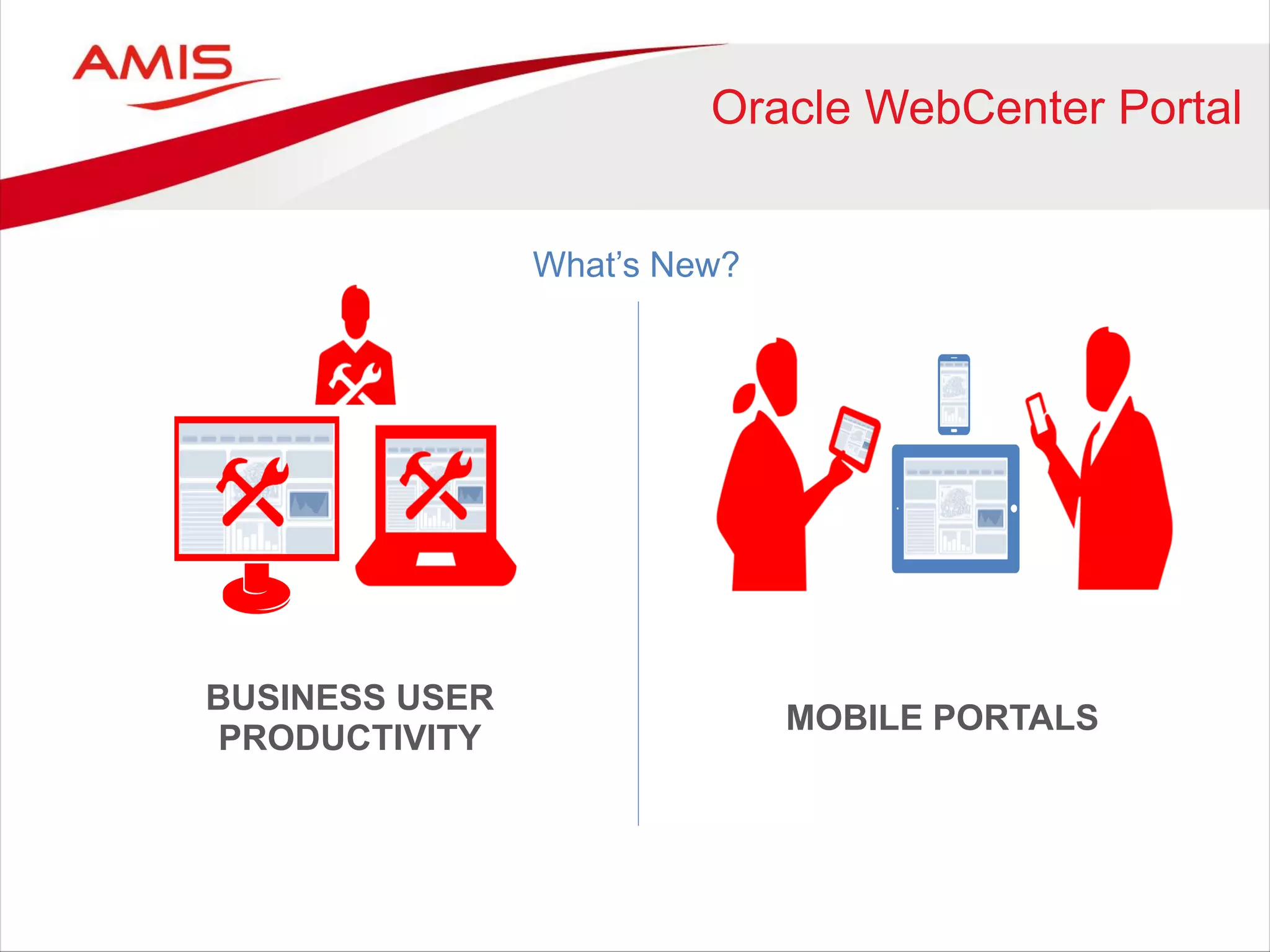 Oracle WebCenter Portal
What’s New?
BUSINESS USER
PRODUCTIVITY
MOBILE PORTALS
 