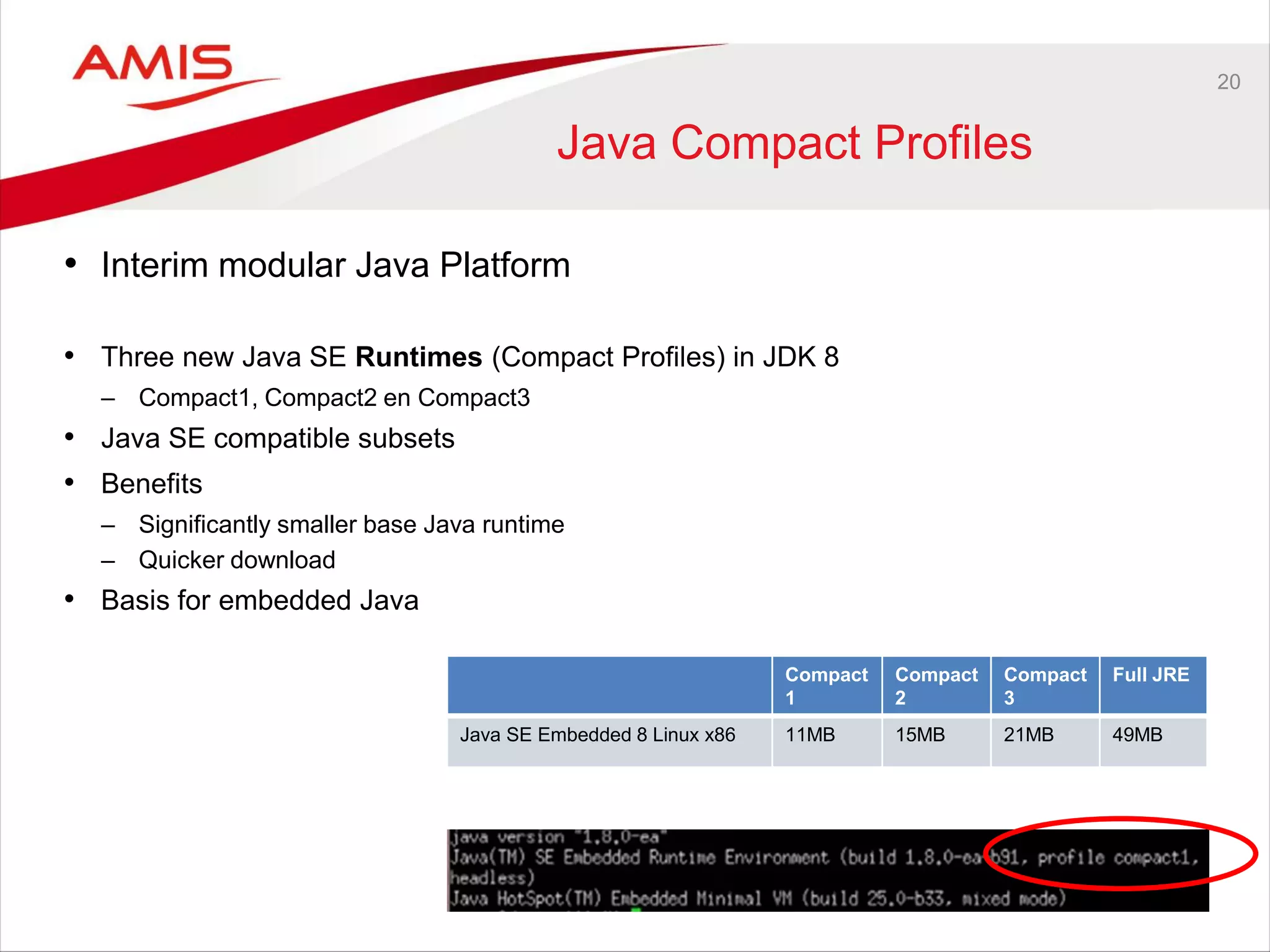 20
Java Compact Profiles
• Interim modular Java Platform
• Three new Java SE Runtimes (Compact Profiles) in JDK 8
– Compact1, Compact2 en Compact3
• Java SE compatible subsets
• Benefits
– Significantly smaller base Java runtime
– Quicker download
• Basis for embedded Java
Compact
1
Compact
2
Compact
3
Full JRE
Java SE Embedded 8 Linux x86 11MB 15MB 21MB 49MB
 