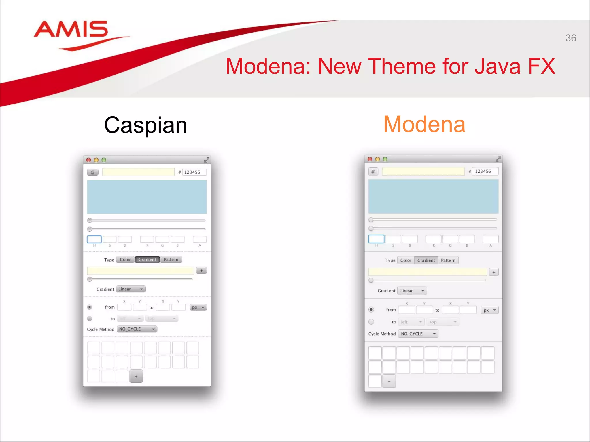36
Modena: New Theme for Java FX
Caspian Modena
 