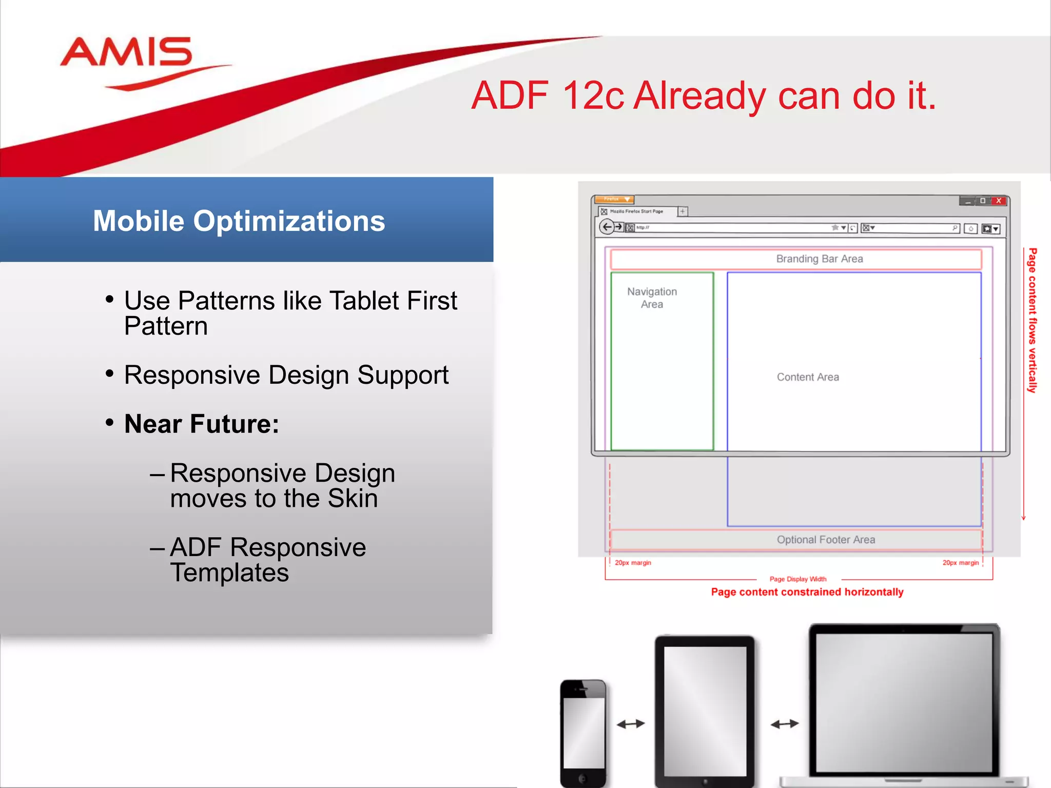 • Use Patterns like Tablet First
Pattern
• Responsive Design Support
• Near Future:
– Responsive Design
moves to the Skin
– ADF Responsive
Templates
Mobile Optimizations
ADF 12c Already can do it.
 