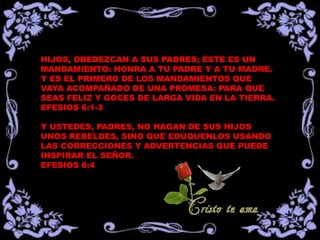 HIJOS, OBEDEZCAN A SUS PADRES; ÉSTE ES UN
MANDAMIENTO: HONRA A TU PADRE Y A TU MADRE.
Y ES EL PRIMERO DE LOS MANDAMIENTOS QUE
VAYA ACOMPAÑADO DE UNA PROMESA: PARA QUE
SEAS FELIZ Y GOCES DE LARGA VIDA EN LA TIERRA.
EFESIOS 6:1-3

Y USTEDES, PADRES, NO HAGAN DE SUS HIJOS
UNOS REBELDES, SINO QUE EDÚQUENLOS USANDO
LAS CORRECCIONES Y ADVERTENCIAS QUE PUEDE
INSPIRAR EL SEÑOR.
EFESIOS 6:4
 