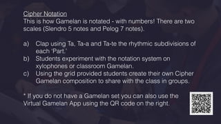 Cipher Notation
This is how Gamelan is notated - with numbers! There are two
scales (Slendro 5 notes and Pelog 7 notes).
a) Clap using Ta, Ta-a and Ta-te the rhythmic subdivisions of
each ‘Part.’
b) Students experiment with the notation system on
xylophones or classroom Gamelan.
c) Using the grid provided students create their own Cipher
Gamelan composition to share with the class in groups.
* If you do not have a Gamelan set you can also use the
Virtual Gamelan App using the QR code on the right.
 