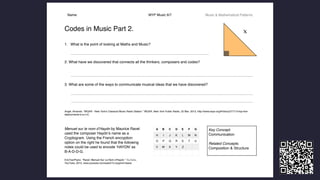 Name: MYP Music 6/7 Music & Mathematical Patterns
 
Key Concept.
Communication
Related Concepts.
Composition & Structure
Codes in Music Part 2.
1. What is the point of looking at Maths and Music?
…………………………………………………………………………………………….……
2. What have we discovered that connects all the thinkers, composers and codes?
…………………………………………………………………………………………………………………………………
3. What are some of the ways to communicate musical ideas that we have discovered?
…………………………………………………………………………………………………………………………………
…………………………………………………………………………………………………………………………………
Angel, Amanda. “WQXR - New York's Classical Music Radio Station.” WQXR, New York Public Radio, 22 Mar. 2013, http://www.wqxr.org/#!/story/277113-top-ﬁve-
deployments-b-a-c-h/.
Menuet sur le nom d’Haydn by Maurice Ravel
used the composer Haydn’s name as a
Cryptogram. Using the French encryption
option on the right he found that the following
notes could be used to encode ‘HAYDN’ as
B-A-D-D-G.
EricTranPiano. “Ravel: Menuet Sur Le Nom d'Haydn.” YouTube,
YouTube, 2015, www.youtube.com/watch?v=xrgsm3-0aww.
A B C D E F G
H I J K L M N
O P Q R S T U
V W X Y Z
x
 