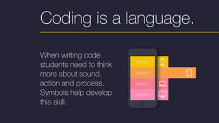 Device 1
Device 2
Device 3
Device 4
Coding is a language.
When writing code
students need to think
more about sound,
action and process.
Symbols help develop
this skill.
 