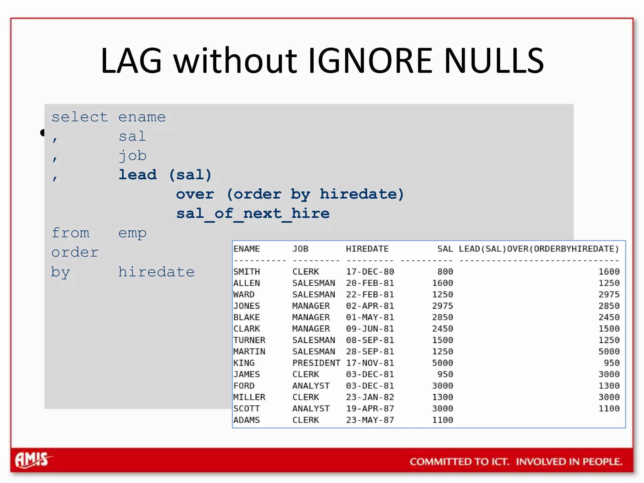 LAG without IGNORE NULLSShow the Salary of the next Hire select ename, sal, job, lead (sal) over (order by hiredate)sal_of_next_hirefrom emporder by hiredate