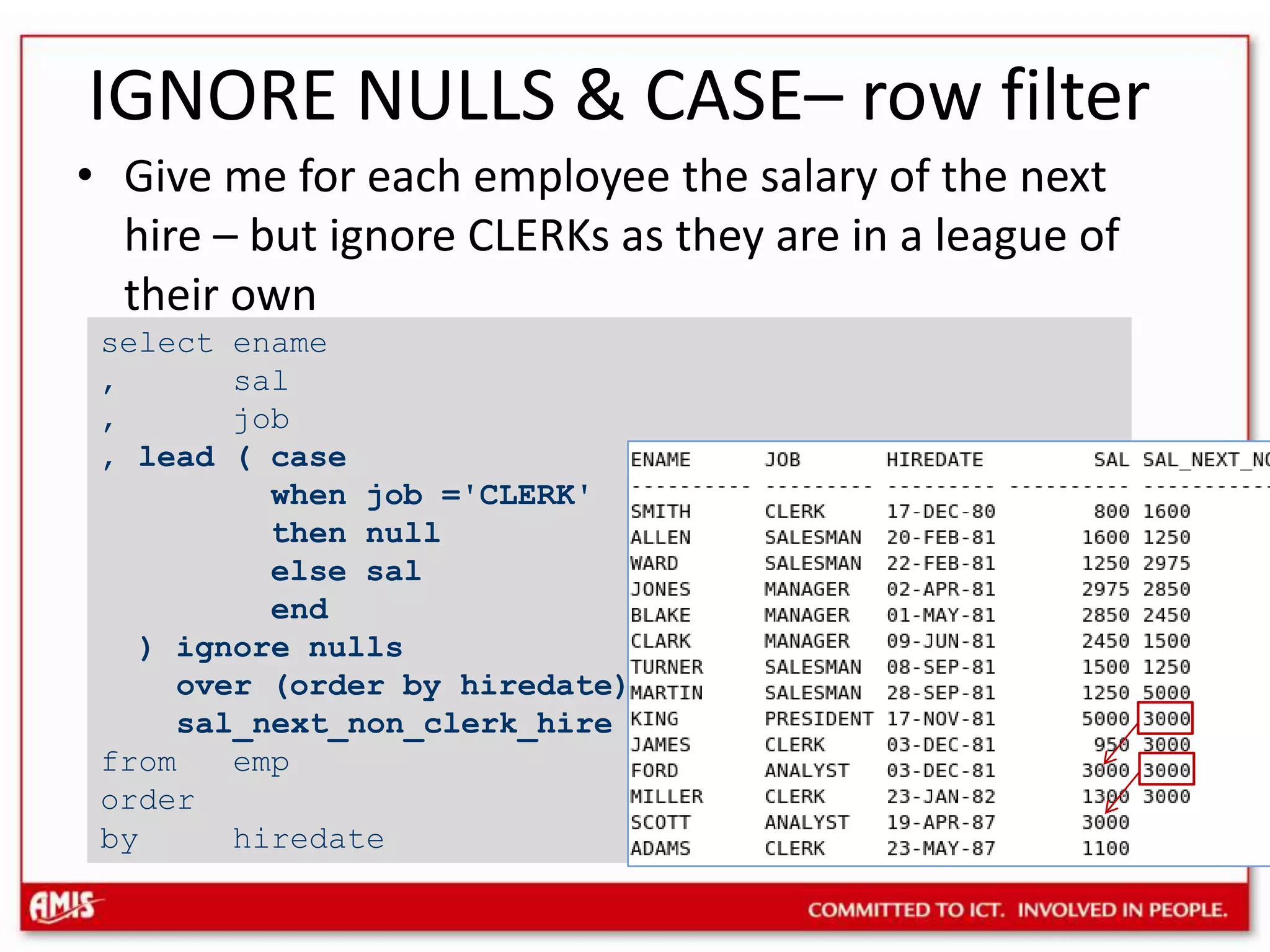 IGNORE NULLS & CASE– row filterGive me for each employee the salary of the next hire – but ignore CLERKs as they are in a league of their ownselect ename, sal, job, lead ( case when job =&apos;CLERK&apos; then null else sal end ) ignore nulls over (order by hiredate)sal_next_non_clerk_hirefrom emporder by hiredate