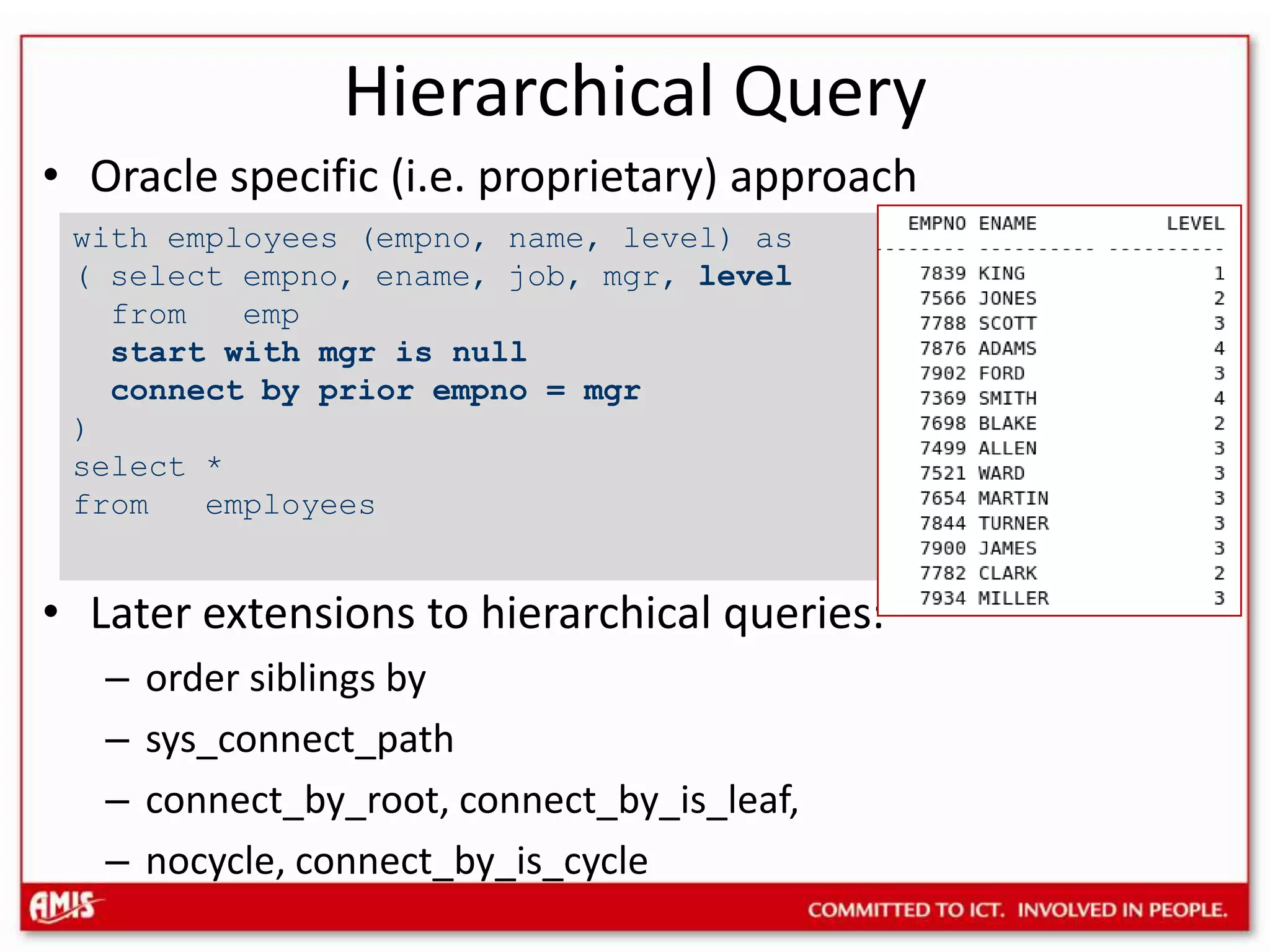 Hierarchical QueryOracle specific (i.e. proprietary) approachSince Oracle 2 or 3 (very early on)Later extensions to hierarchical queries:order siblings bysys_connect_pathconnect_by_root, connect_by_is_leaf, nocycle, connect_by_is_cyclewith employees (empno, name, level) as ( select empno, ename, job, mgr, level from empstart with mgr is null connect by prior empno = mgr)select *from employees