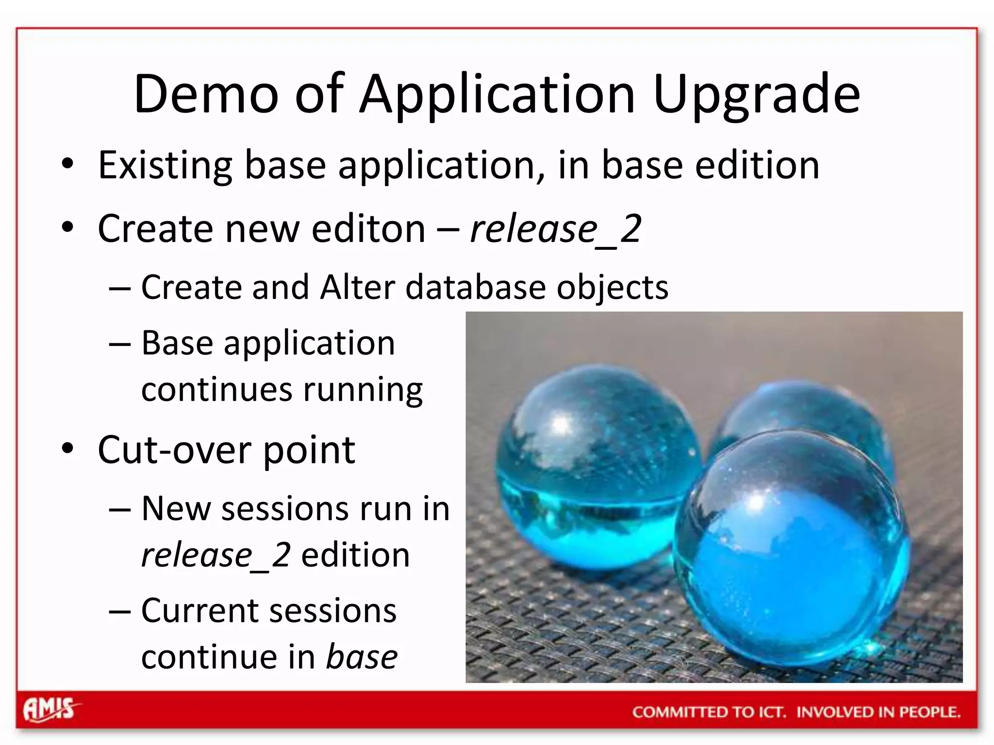 Database sessions run in a specific edition –one version of each objectRelease 2Release 3Base ReleaseThe database as seen by a sessionrunning in the context of Release 3323B22332
