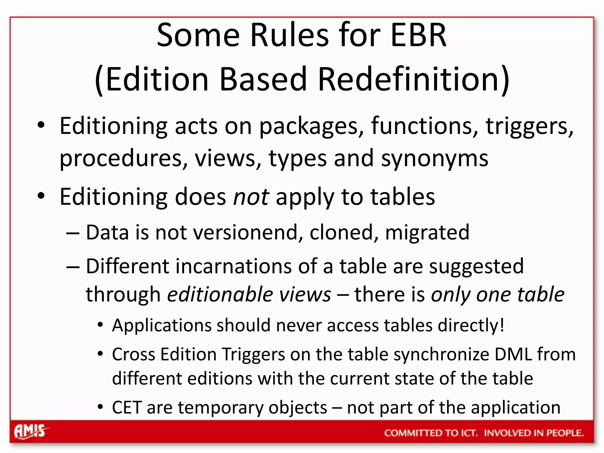 Demo of Application UpgradeExisting base application, in base editionCreate new editon – release_2Create and Alter database objectsBase application continues runningCut-over pointNew sessions run in release_2 editionCurrent sessions continue in base
