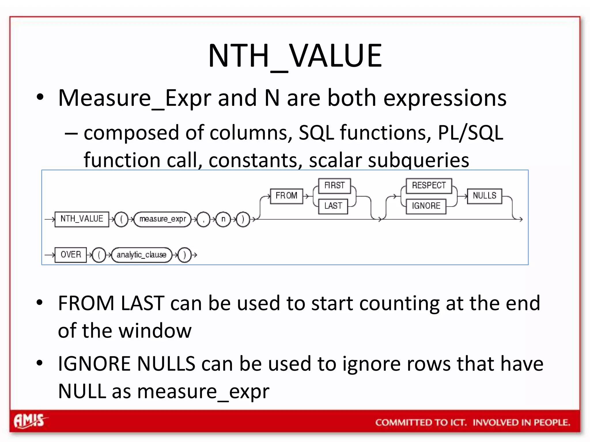 NTH_VALUEMeasure_Expr and N are both expressionscomposed of columns, SQL functions, PL/SQL function call, constants, scalar subqueriesFROM LAST can be used to start counting at the end of the windowIGNORE NULLS can be used to ignore rows that have NULL as measure_expr