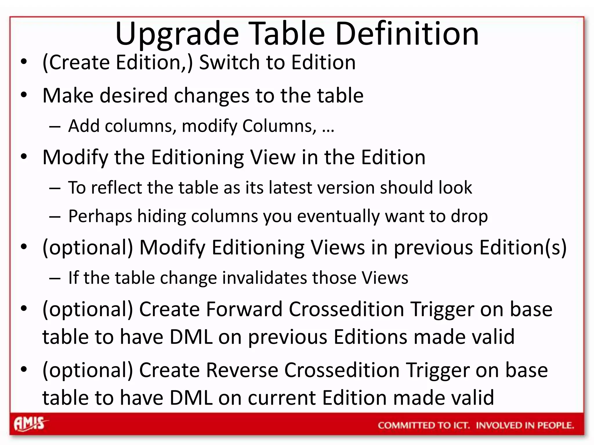 DemoRem Use Forward Crossedition trigger toRem upgrade existing table records according to new tableRem version (for large # records use dbms_parallel_execute)DECLARE c NUMBER := DBMS_SQL.OPEN_CURSOR(); x NUMBER; BEGIN DBMS_SQL.PARSE ( c =&gt; c , Language_Flag =&gt; DBMS_SQL.NATIVE , Statement =&gt; &apos;UPDATE EMP_BASE SET EMPNO = EMPNO&apos;, Apply_Crossedition_Trigger =&gt; &apos;EMP_1_1_Fwd_Xed&apos; ); x := DBMS_SQL.EXECUTE(c); DBMS_SQL.CLOSE_CURSOR(c); COMMIT; END;