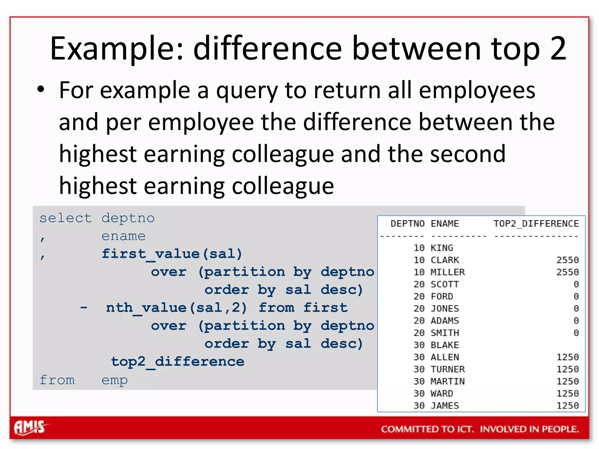 Example: difference between top 2For example a query to return all employees and per employee the difference between the highest earning colleague and the second highest earning colleagueselect deptno, ename, first_value(sal) over (partition by deptno order by saldesc) - nth_value(sal,2) from first over (partition by deptno order by saldesc) top2_differencefrom emp