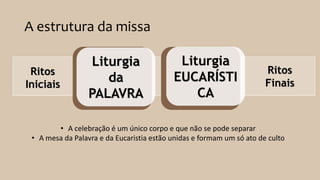 A estrutura da missa
Liturgia
da
PALAVRA
Liturgia
EUCARÍSTI
CA
Ritos
Iniciais
Ritos
Finais
• A celebração é um único corpo e que não se pode separar
• A mesa da Palavra e da Eucaristia estão unidas e formam um só ato de culto
 