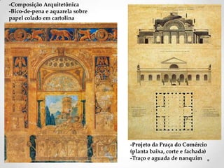 -Composição Arquitetônica
-Bico-de-pena e aquarela sobre
papel colado em cartolina




                                 -Projeto da Praça do Comércio
                                 (planta baixa, corte e fachada)
                                 -Traço e aguada de nanquim
 