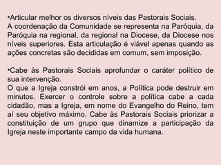 Articular melhor os diversos níveis das Pastorais Sociais. A coordenação da Comunidade se representa na Paróquia, da Paróquia na regional, da regional na Diocese, da Diocese nos níveis superiores. Esta articulação é viável apenas quando as ações concretas são decididas em comum, sem imposição. Cabe às Pastorais Sociais aprofundar o caráter político de sua intervenção. O que a Igreja constrói em anos, a Política pode destruir em minutos. Exercer o controle sobre a política cabe a cada cidadão, mas a Igreja, em nome do Evangelho do Reino, tem aí seu objetivo máximo. Cabe às Pastorais Sociais priorizar a constituição de um grupo que dinamize a participação da Igreja neste importante campo da vida humana. 