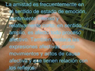 La amistad es frecuentemente en el sentido de estado de emoción, sentimiento intenso y relativamente corto; en sentido amplio, es afecto todo proceso afectivo. También destaca las expresiones afectivas como movimientos y actos de causa afectiva y que tienen relación con los reflejos.  
