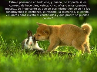 E stuve pensando en todo ello, y bueno, no importa si los conozco de hace diez, veinte, cinco años o unos cuantos meses...  L o importante es que en ese mismo tiempo se ha ido construyendo la confianza, el respeto, la tolerancia, el cariño . ¿ Cuántos años cuesta el construirlos y qué pronto se pueden perder ? 