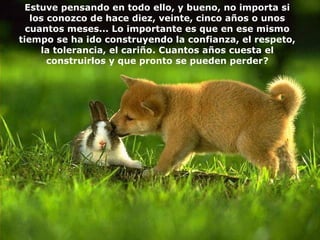 Estuve pensando en todo ello, y bueno, no importa si
los conozco de hace diez, veinte, cinco años o unos
cuantos meses... Lo importante es que en ese mismo
tiempo se ha ido construyendo la confianza, el respeto,
la tolerancia, el cariño. Cuantos años cuesta el
construirlos y que pronto se pueden perder?
 