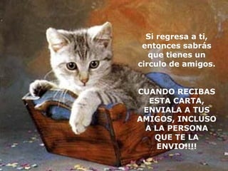 Si regresa a ti,
entonces sabrás
que tienes un
circulo de amigos.
CUANDO RECIBAS
ESTA CARTA,
ENVIALA A TUS
AMIGOS, INCLUSO
A LA PERSONA
QUE TE LA
ENVIO!!!!
 