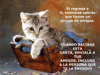 Si regresa a
ti, entonces sabrás
    que tienes un
círculo de amigos.




 CUANDO RECIBAS
       ESTA
CARTA, ENVIALA A
       TUS
AMIGOS, INCLUSO
A LA PERSONA QUE
  TE LA ENVIO!!!!
 