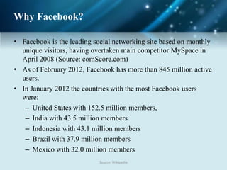 Why Facebook?
• Facebook is the leading social networking site based on monthly
unique visitors, having overtaken main competitor MySpace in
April 2008 (Source: comScore.com)
• As of February 2012, Facebook has more than 845 million active
users.
• In January 2012 the countries with the most Facebook users
were:
– United States with 152.5 million members,
– India with 43.5 million members
– Indonesia with 43.1 million members
– Brazil with 37.9 million members
– Mexico with 32.0 million members
Source: Wikipedia
 
