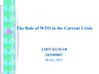 The Role of WTO in the Current Crisis



           AMIT KUMAR
            103109007
              06 Nov 2012
 