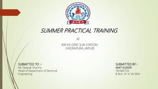 SUMMER PRACTICAL TRAINING
AT
400 KV GRID SUB-STATION
(HEERAPURA JAIPUR)
SUBMITTED TO :-
Mr. Deepak Sharma
Head of Department of Electrical
Engineering
SUBMITTED BY:-
AMIT KUMAR
13EAIEE703
B.Tech. IV Yr. VII SEM
 