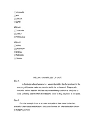 (1)KOSAMBA
(2)KIM
(3)OLPAD
(4)ELAO

AREA-III
(1)GANDHAR
(2)DAHEJ
(3)PAKHAJAN

AREA-IV
(1)NADA
(2)JAMBUSAR
(3)DABKA
(4)SARBHAN
(5)DEGAM




                            PRODUCTION PROCESS OF ONGC
Step 1.
             A Geologist & Geophysics survey was conducted by Sub Surface team for the
    searching of Reservoir rocks which are tracked in the mother earth. They usually
    search for tracked reservoir because they have tendency to remain at one place for
    years. Extracting fossil fuel from them become easier as they are placed at one place.


Step 2.
          Once the survey is done, an accurate estimation is done based on the data
available. On the basis of estimation a production facilities and other installation is made
at that particular field.
 