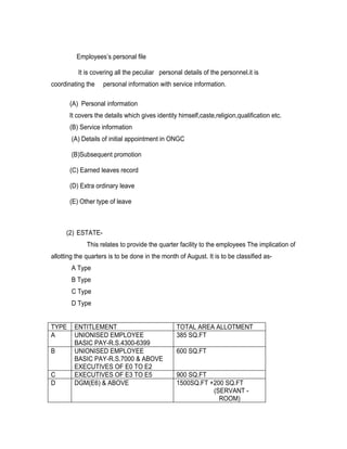 Employees’s personal file

          It is covering all the peculiar personal details of the personnel.it is
coordinating the    personal information with service information.

       (A) Personal information
       It covers the details which gives identity himself,caste,religion,qualification etc.
       (B) Service information
        (A) Details of initial appointment in ONGC

        (B)Subsequent promotion

       (C) Earned leaves record

       (D) Extra ordinary leave

       (E) Other type of leave



      (2) ESTATE-
              This relates to provide the quarter facility to the employees The implication of
allotting the quarters is to be done in the month of August. It is to be classified as-
        A Type
        B Type
        C Type
        D Type


TYPE     ENTITLEMENT                             TOTAL AREA ALLOTMENT
A        UNIONISED EMPLOYEE                      385 SQ.FT
         BASIC PAY-R.S.4300-6399
B        UNIONISED EMPLOYEE                      600 SQ.FT
         BASIC PAY-R.S.7000 & ABOVE
         EXECUTIVES OF E0 TO E2
C        EXECUTIVES OF E3 TO E5                  900 SQ.FT
D        DGM(E6) & ABOVE                         1500SQ.FT +200 SQ.FT
                                                            (SERVANT -
                                                              ROOM)
 