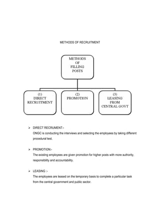 METHODS OF RECRUITMENT




 DIRECT RECRUMENT:-
  ONGC is conducting the interviews and selecting the employees by taking different
  procedural test.


 PROMOTION:-
  The existing employees are given promotion for higher posts with more authority,
  responsibility and accountability.


 LEASING :-
  The employees are leased on the temporary basis to complete a particular task
  from the central government and public sector.
 
