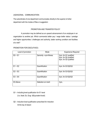 (4)DIAGONAL COMMUNICATION-

The subordinate of one department communicates directly to the superior of other
department with the modes of files or suggestion



                          PROMOTION AND TRANSFER POLICY

             A promotion may be defined as an upward advancement of an employee in an
organization to another job. Which commands better pay / wage better status / prestige
and higher opportunities / challenges and authority, better working condition and facilities
at a rate?

PROMOTION FOR EXECUTIVES:-

      Level of promotion                          Mode                   Experience Required
E0 – E1                            Seniority –cum-fitness        2yrs. for Q1 qualified
                                                                 4yrs. for Q2 qualified
                                                                 6yrs. for Q3 qualified


E1 – E2                            Quantification                4yrs. for Q1/Q2/Q3

E2 – E3                            Quantification                5yrs. for Q1/Q2/Q3

E3 – E4                            Quantification                4yrs. for Q1/Q2/Q3

E5 Above                           Selection on merit            3yrs.




Q1 – Including level qualification for E1 level
     (I.e. Asstt. Ex. Engr. &Equivalent level)


Q2 – Induction level qualification prescribed for induction
     At the top of class3
 