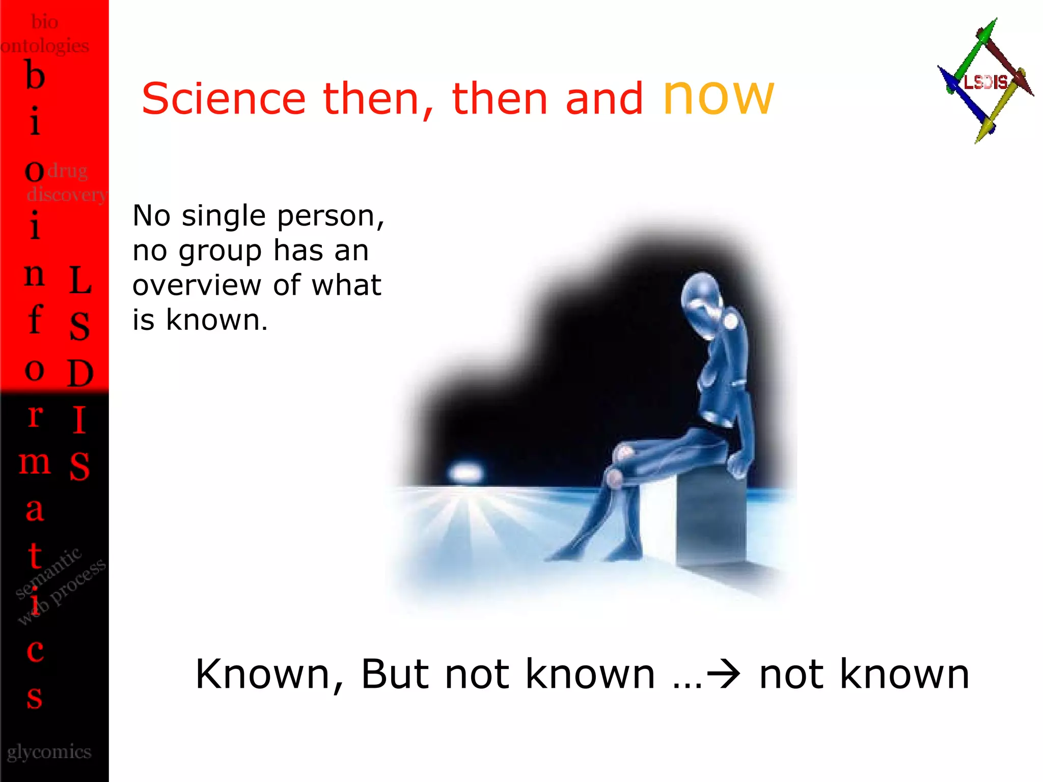 Science then, then and  now No single person,  no group has an overview of what  is known . Known, But not known …   not known 