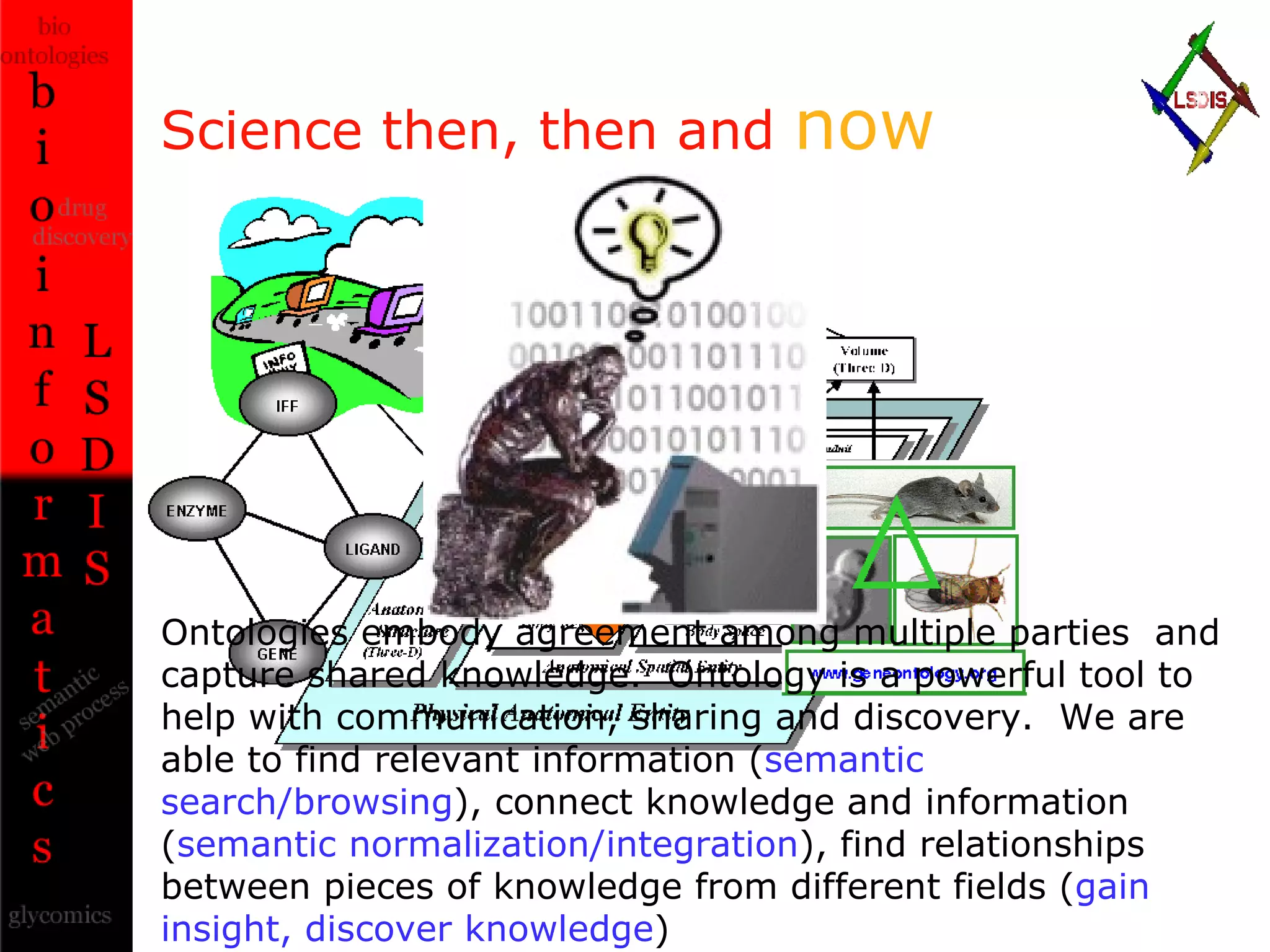 Science then, then and  now Ontologies embody agreement among multiple parties  and capture shared knowledge.  Ontology is a powerful tool to help with communication, sharing and discovery.  We are able to find relevant information ( semantic search/browsing ), connect knowledge and information ( semantic normalization/integration ), find relationships between pieces of knowledge from different fields ( gain insight, discover knowledge ) 